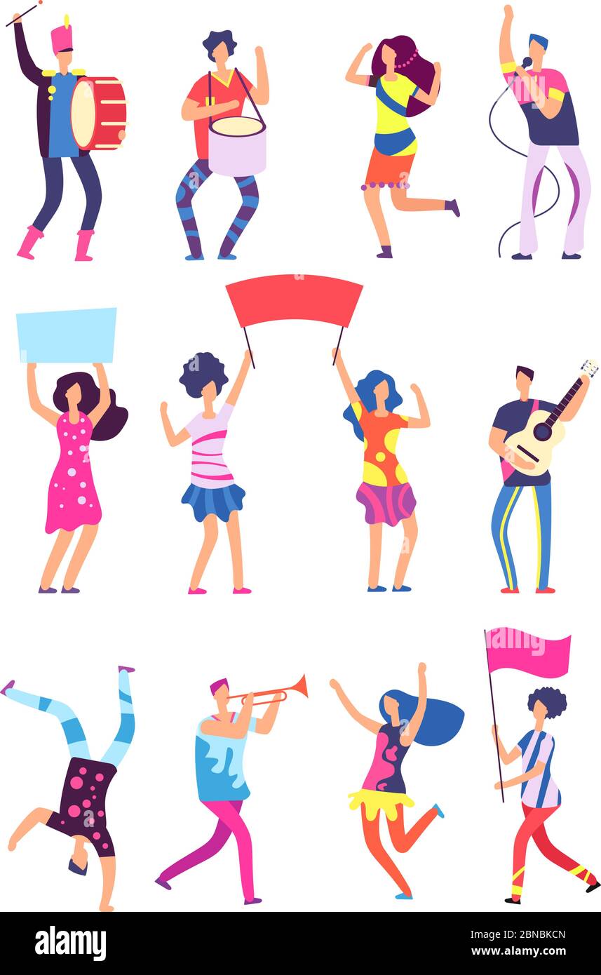 People in parade. Peaceful participants with placards and banners. Activists manifestation vector characters set. Illustration of protest political and demonstrate, revolution people Stock Vector