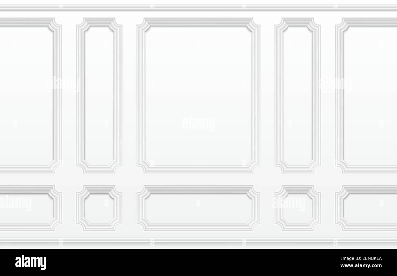 White wall with moulding frames. Classic interior with moulding panels. Seamless vector background. Architecture moulding background, interior with plaster decoration wall illustration Stock Vector