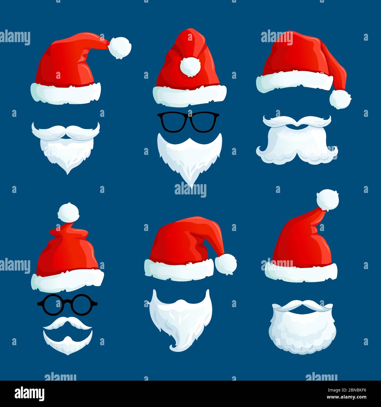 Santa hats with moustache and beards. Cartoon santa front wearing. Winter clothes isolated vector set. Illustration of claus hat red, santa christmas Stock Vector