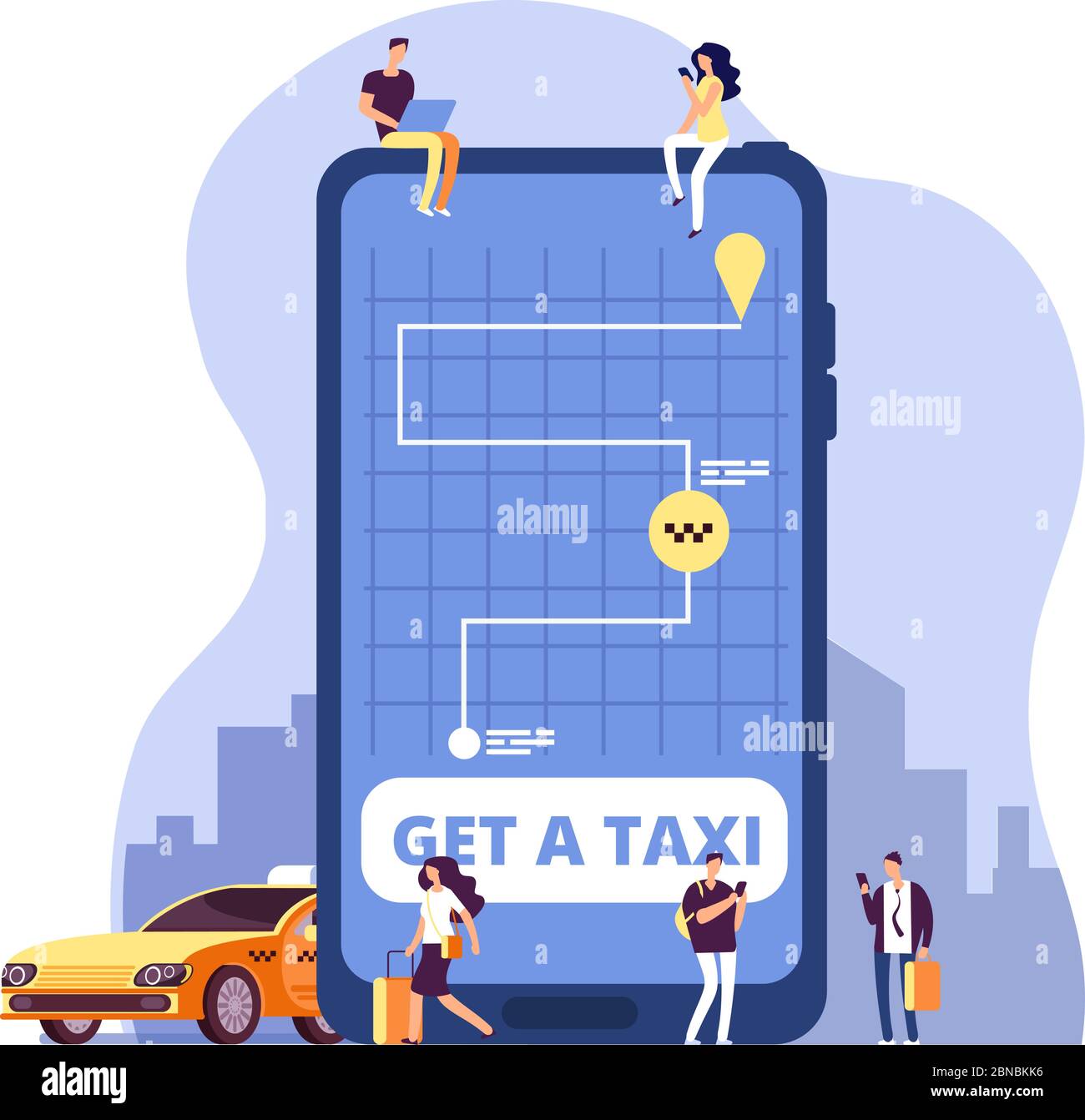 Mobile taxi. Online taxi service and payment with smartphone app. People ordering taxi at huge cell phone. Vector concept online taxi transportation, app mobile service illustration Stock Vector