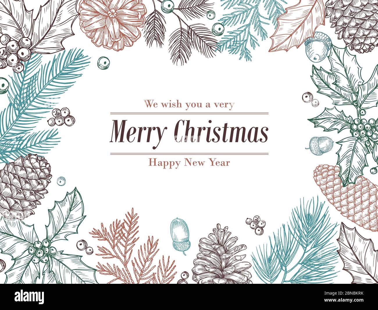 Christmas vintage invitation. Winter fir pine branches, pinecones floral border. Christmas, xmas botanical sketch frame vector card. Pine branch frame for holiday xmas illustration Stock Vector