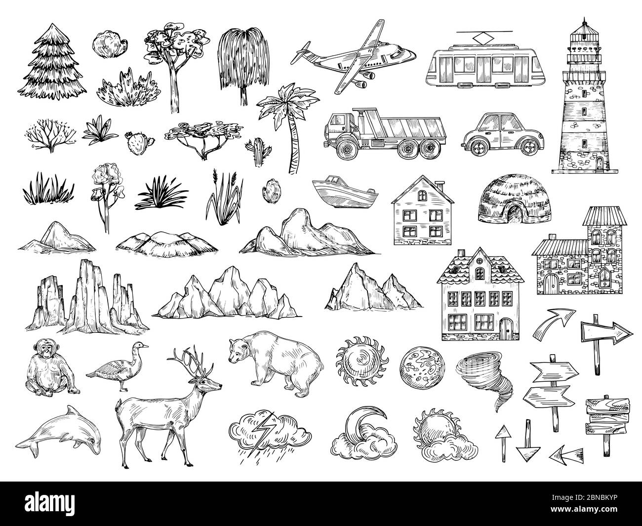 Hand drawn map elements. Sketch hill mountain, tree and bush, buildings and clouds. Vintage engraving vector symbols for cartography. Animal and pointer, sun and moon sketch, monkey bear illustration Stock Vector