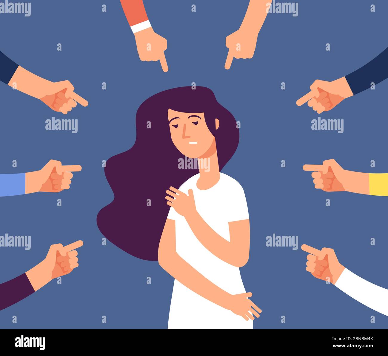Victim women. Depressed girl in shame and hands with pointing finger. Guilty, ashamed female and blame in society vector concept. Woman frustrated, bullying employee illustration Stock Vector