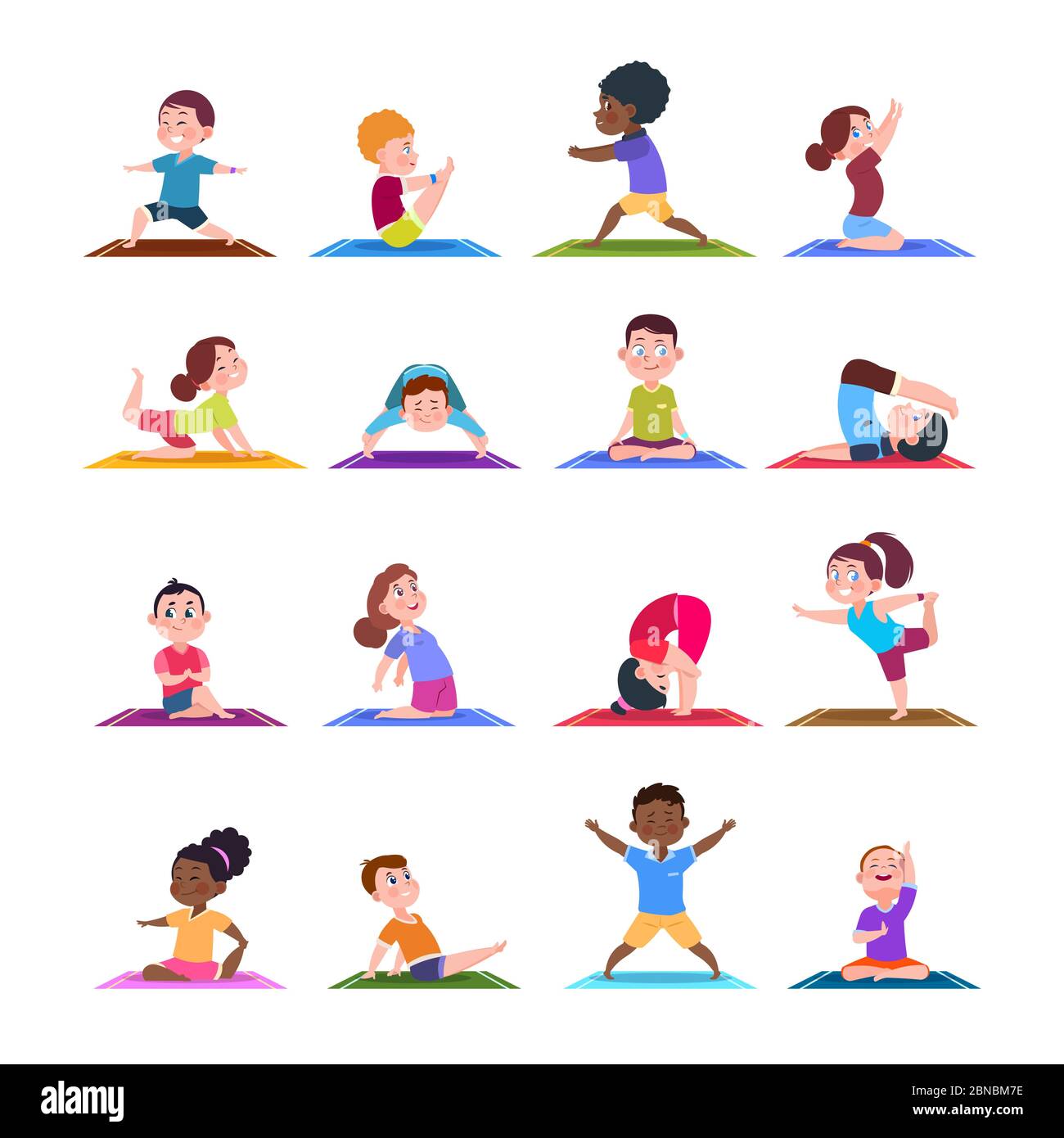 Children in yoga poses. Cartoon fitness kids in yoga asana. Vector