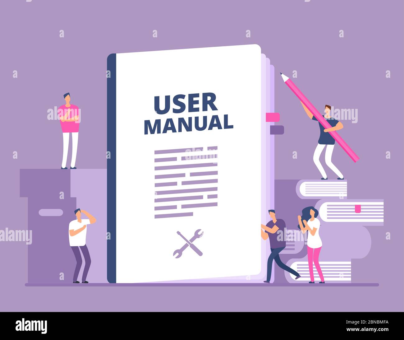 User manual concept. People with guide instruction or textbooks. User reading guidebook and writting guidance. Vector illustration. Manual book instruction, handbook help guide Stock Vector