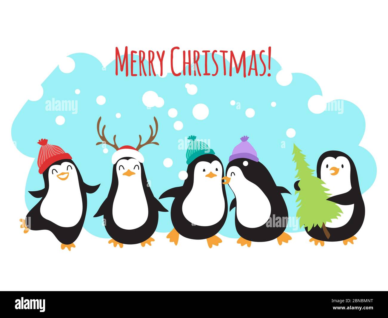 Christmas winter holidays vector greeting banner or background with cute cartoon penguins. Penguin merry xmas celebration, snowy banner illustration Stock Vector