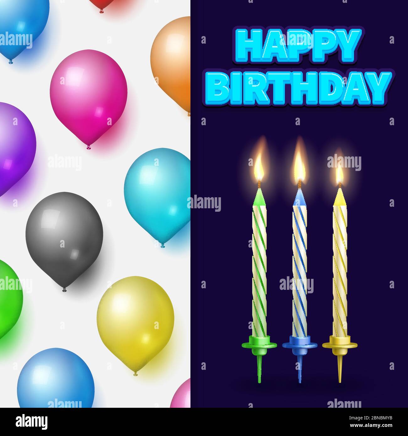 Birthday party banner or card template with realistic cake candles and balloons. Vector illustration Stock Vector