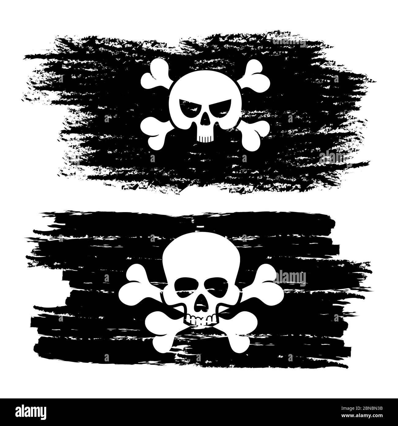 Black dirty pirate flags with skulls vector illustration isolated on white background Stock Vector