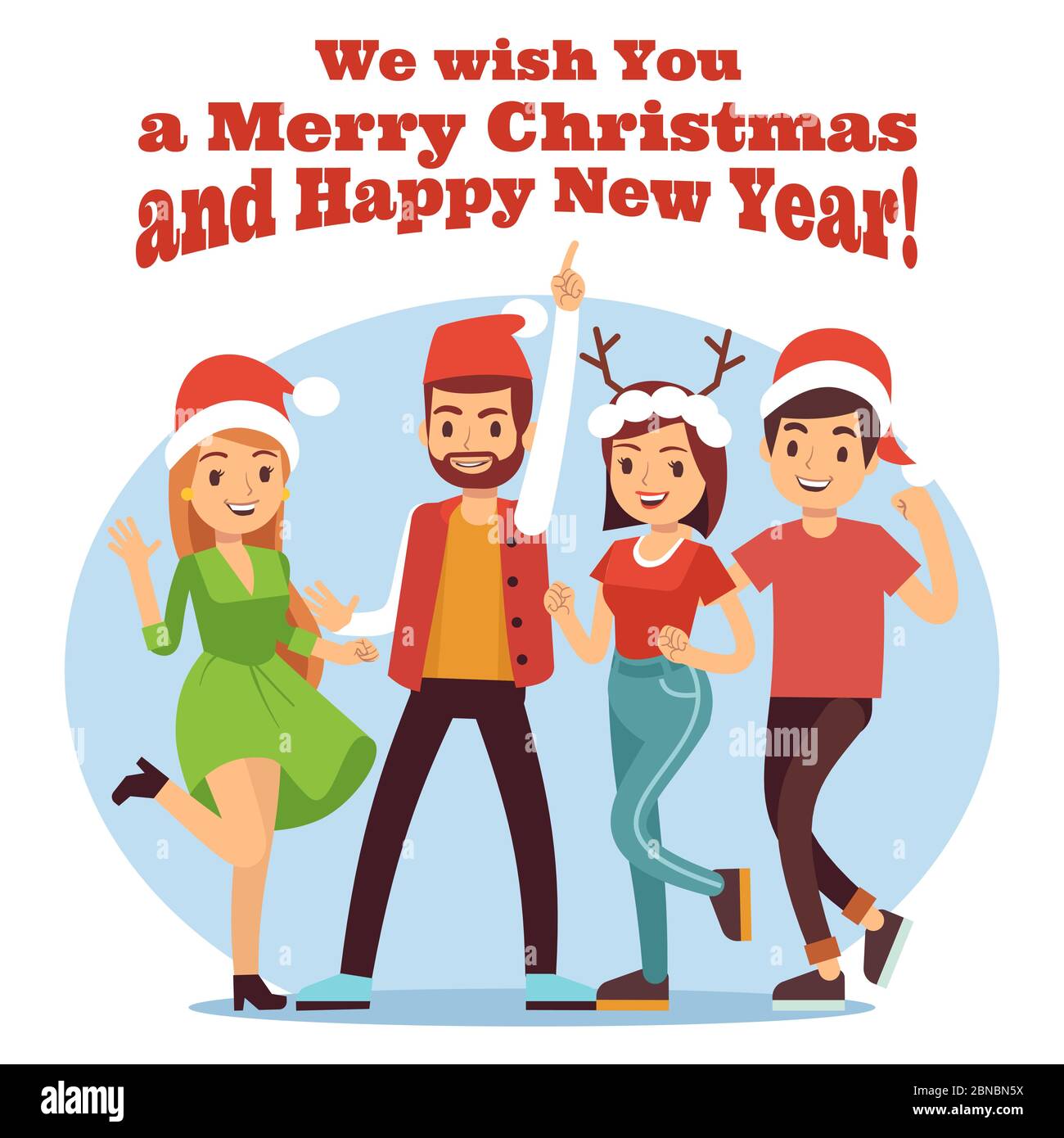 Friends celebrate Christmas. Merry Christmas and New Year party with happy cartoon girls and boys illustration vector Stock Vector