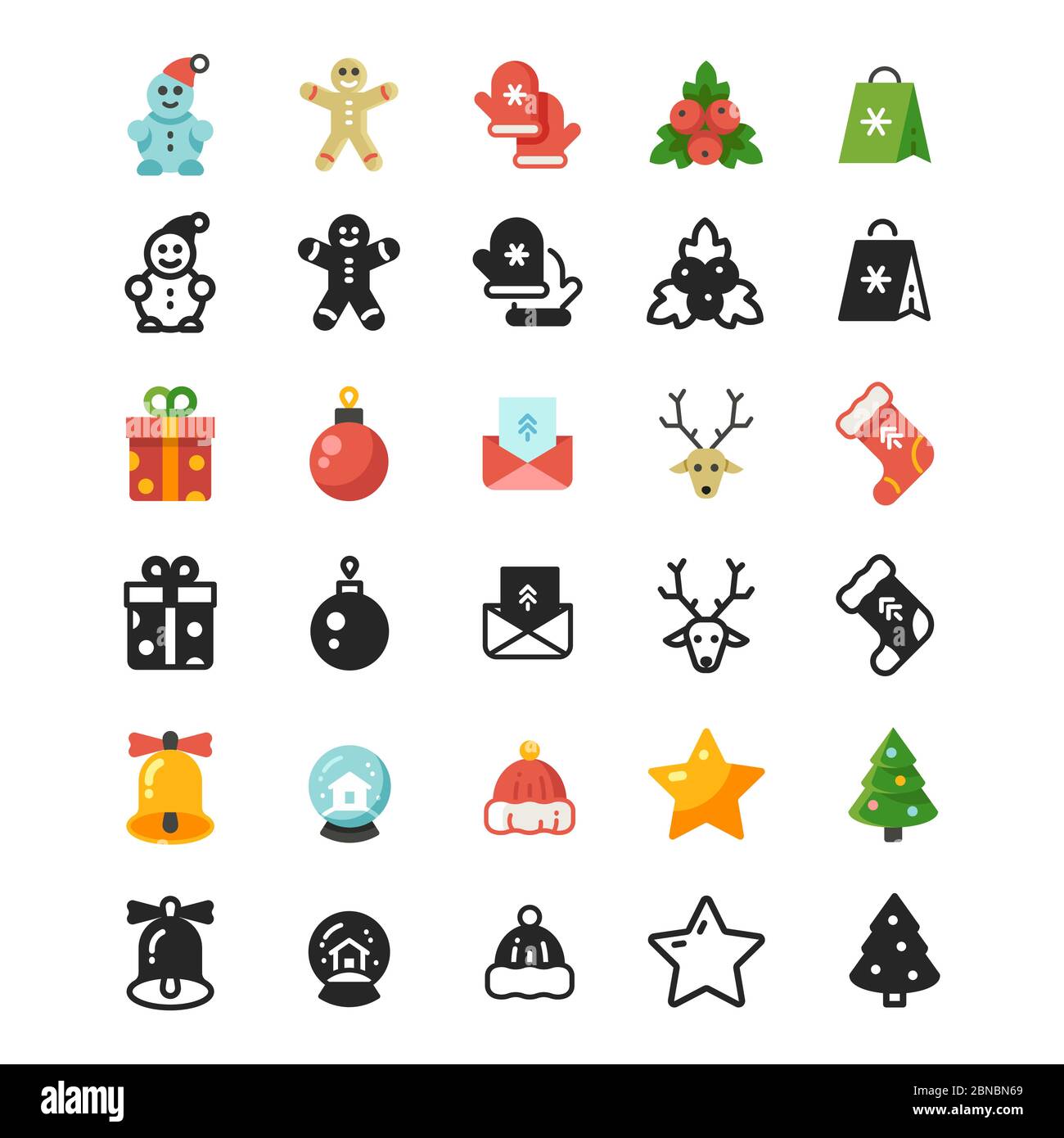 Christmas festive flat icons and silhouette icons isolated on white background. Christmas holiday icons collection, star and deer, bell and envelope. Vector illustration Stock Vector
