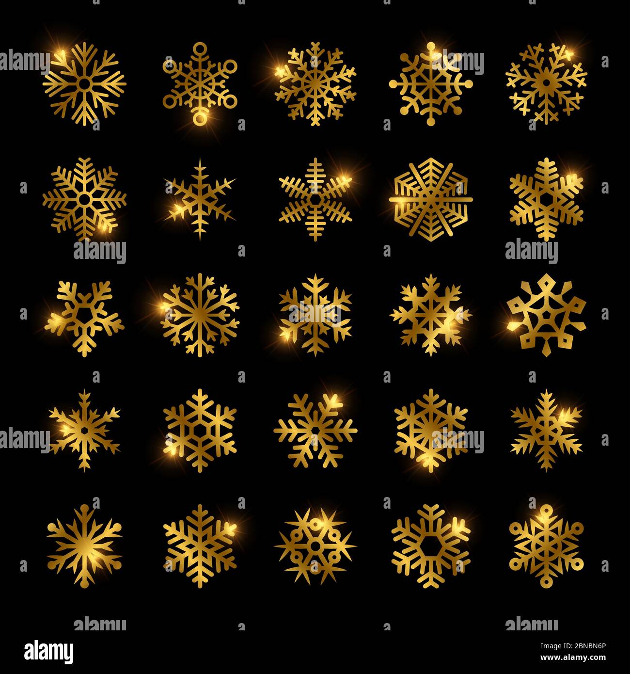 Gold bright snowflakes vector set isolated on black background ...