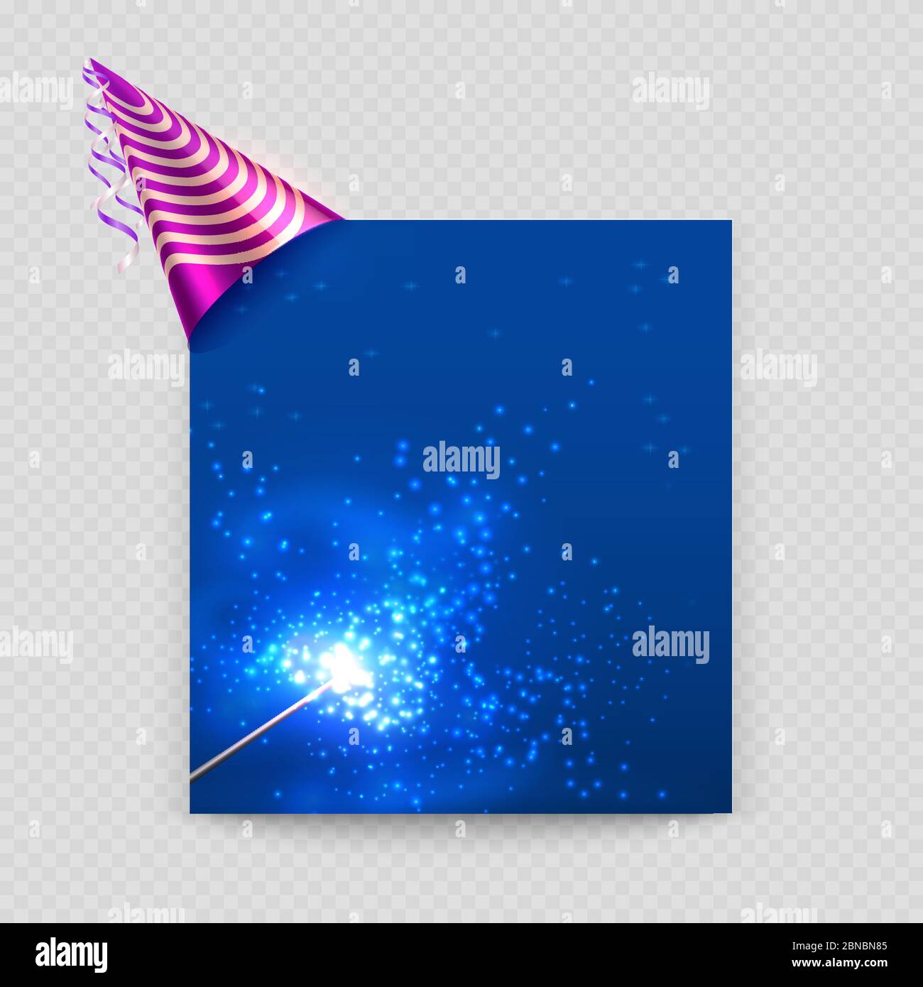 Greeting card vector template with blank paper sheet, party hat and magic wand illustraion Stock Vector