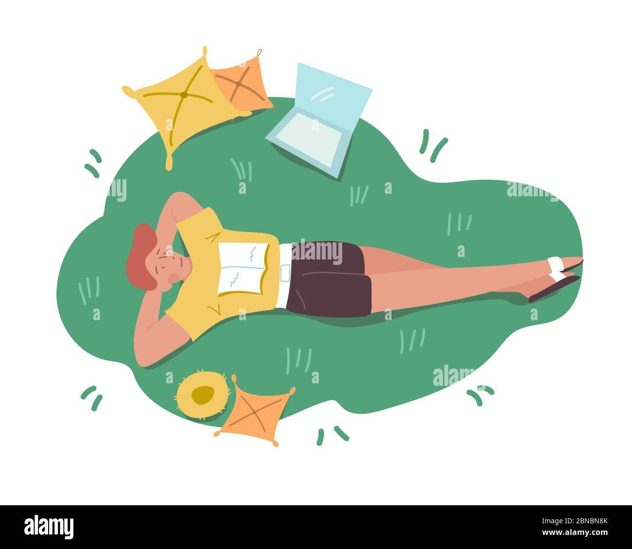 Young redhead freelance worker student lying on the green grass with a book, laptop and yellow pillows. Top view. Relaxation. Simple background. Vecto Stock Vector