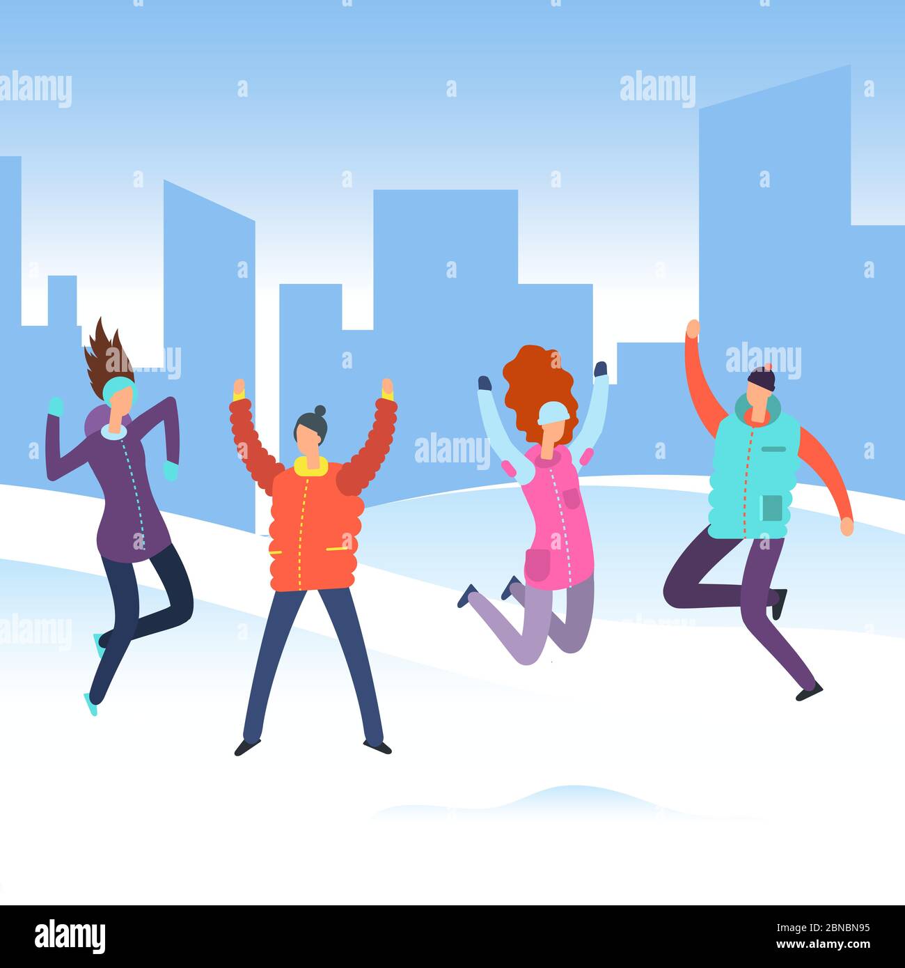 Cartoon people in winter clothes on city landscape jumping. Happy merry christmas holiday vacation vector concept illustration Stock Vector