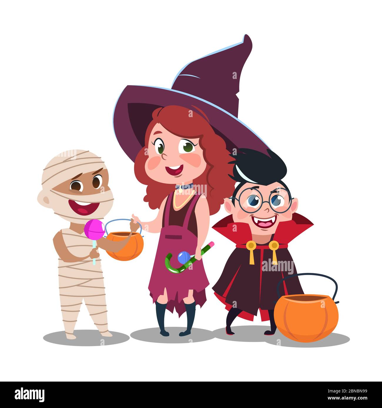Halloween trick or treat kids in festive costumes with candies isolated on white background. Halloween happy boy and girl, vector illustration Stock Vector