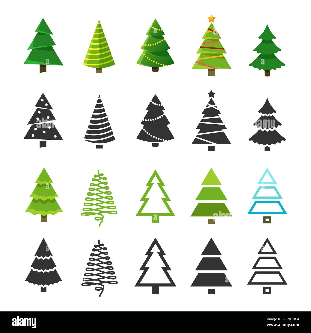 Flat christmas winter trees with festive xmas decoration and black fir tree silhouettes vector collection. Christmas winter tree big set Stock Vector