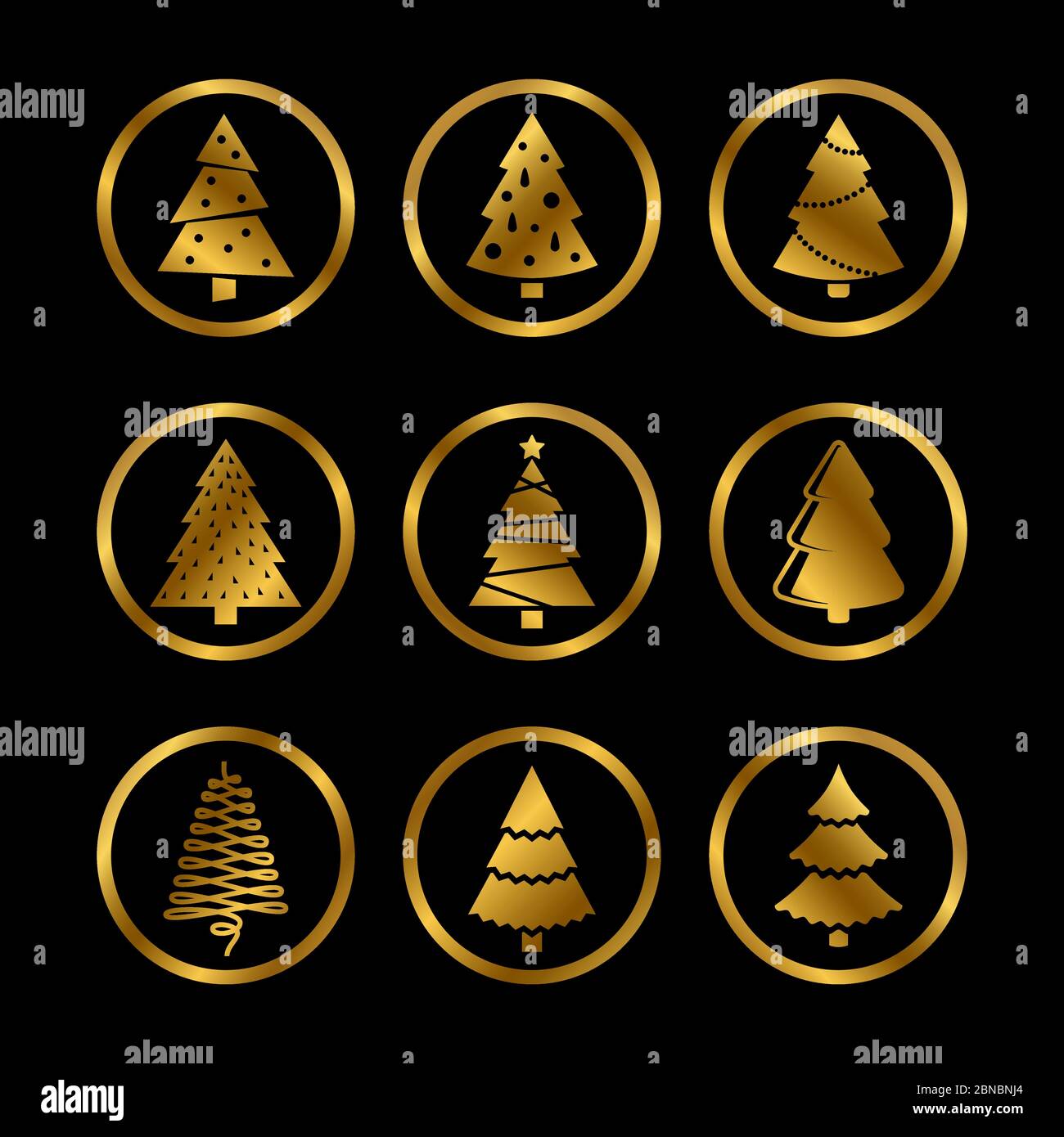 Gold bright silhouette christmas trees vector stylized icons on black background illustration Stock Vector