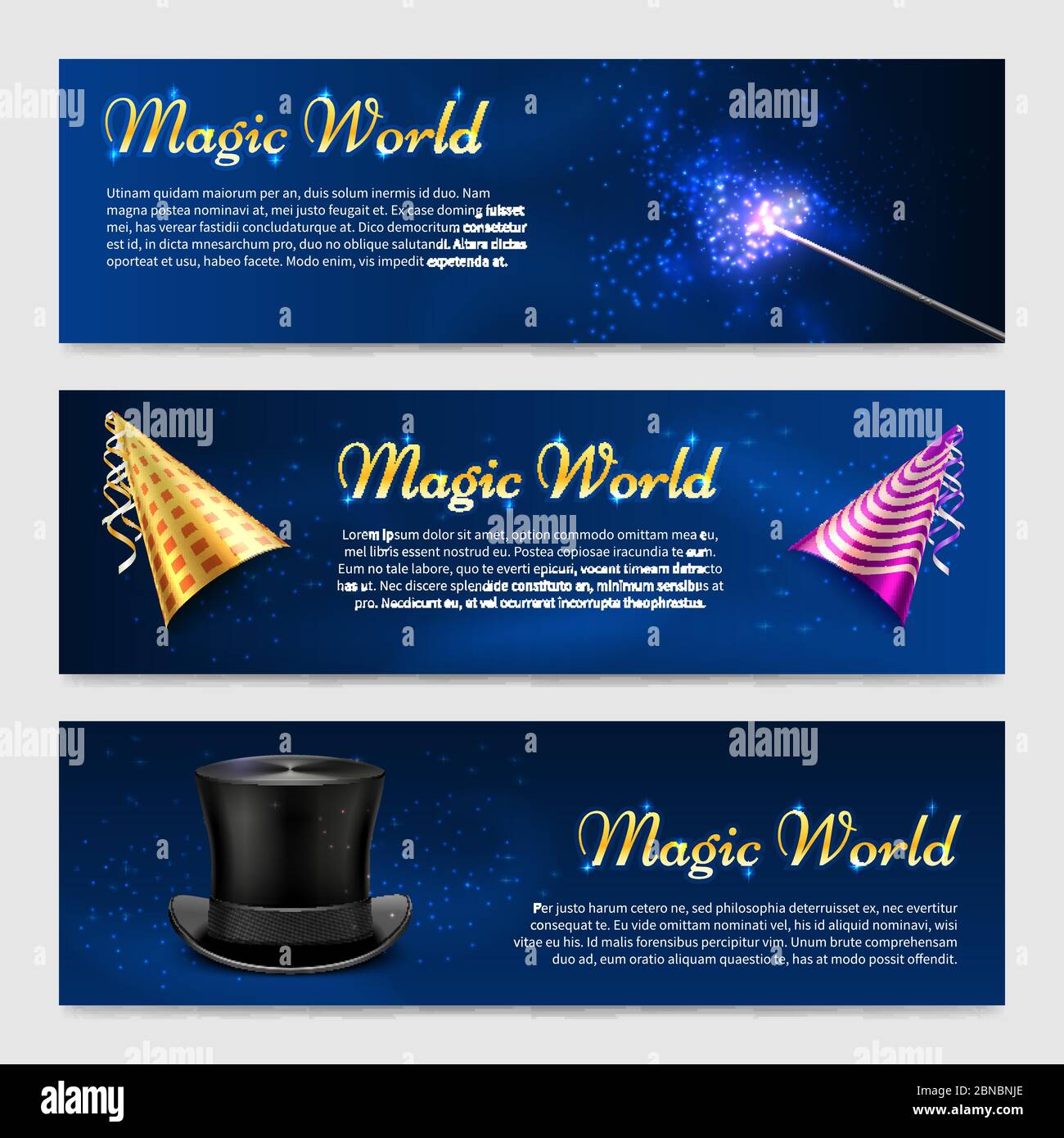Horizontal banners template set with magic wand, top hat and party hats illustration Stock Vector