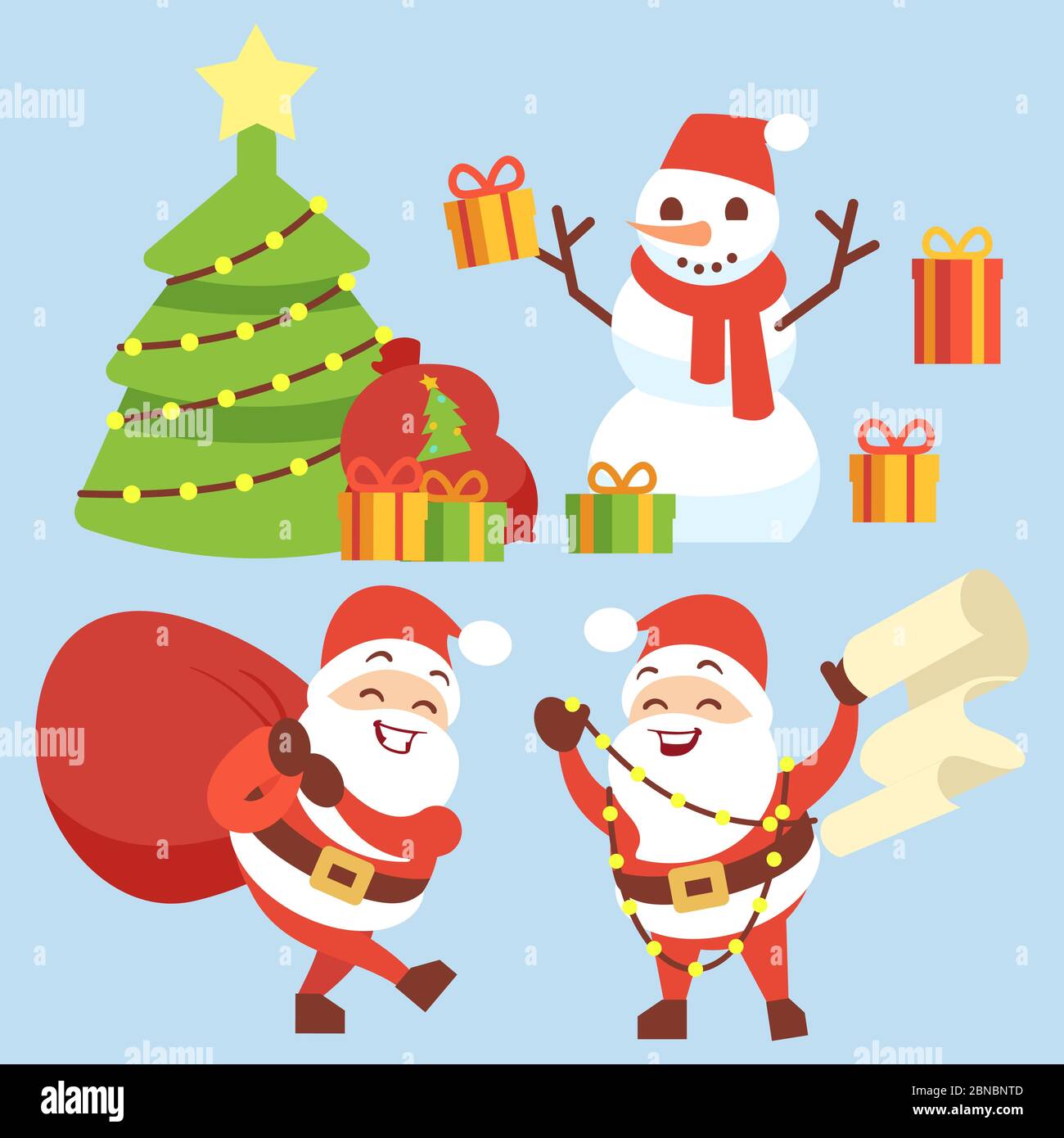 Happy Santa Claus flat character with gift bag, snowman, Christmas tree and gift box illustrations isolated on blue vector Stock Vector