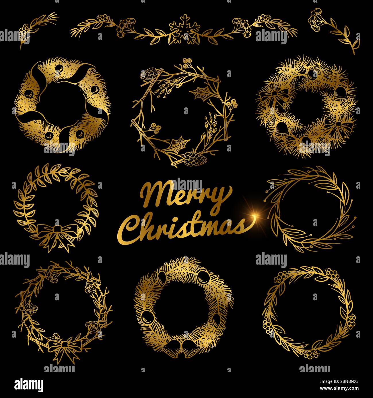 Gold Christmas hand drawn wreaths, border frames with fir branch vector isolated on black background illustration Stock Vector