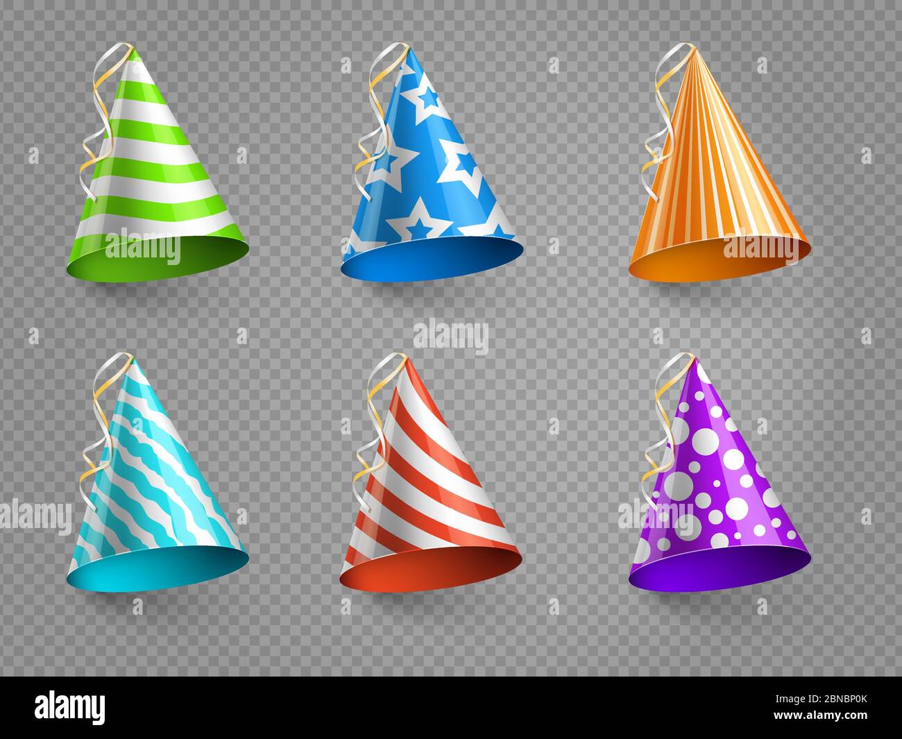 Realistic party hats vector set isolated on transparent background. Illustration of colored hat for party celebration birthday Stock Vector