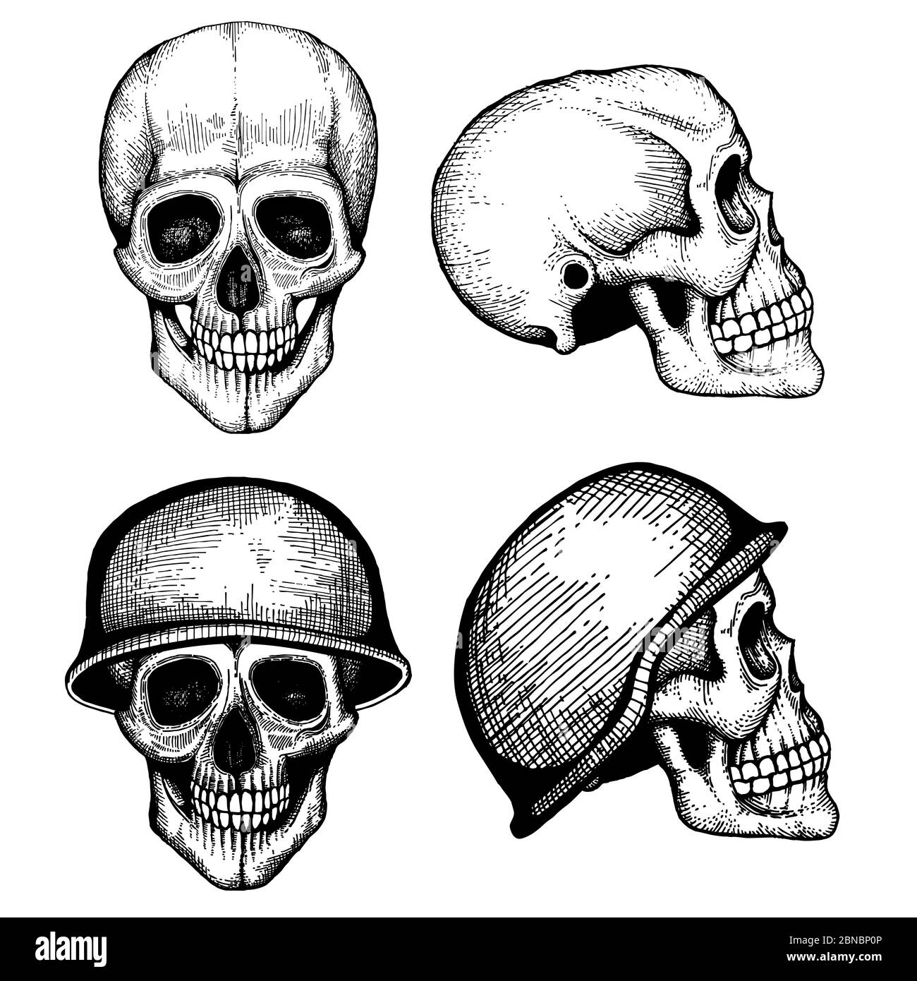 Hand drawn vector death scary human skulls vintage style isolated on white background illustration Stock Vector