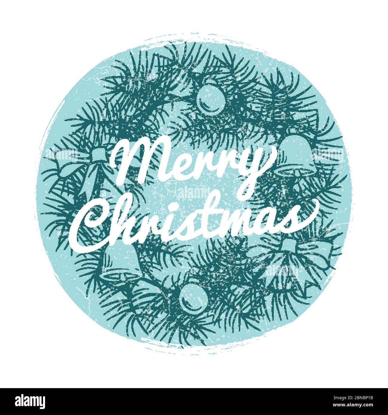 Round vintage Christmas banner with hand drawn wreath and text Merry Christmas isolated on white. Vector illustration Stock Vector