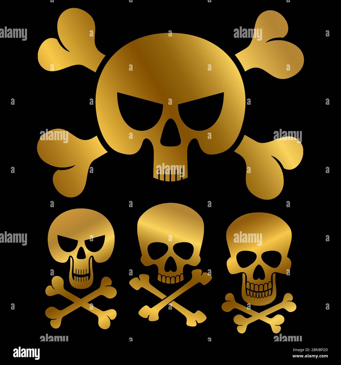 Gold piracy skulls icons of collection isolated on black background. Vector illustration Stock Vector