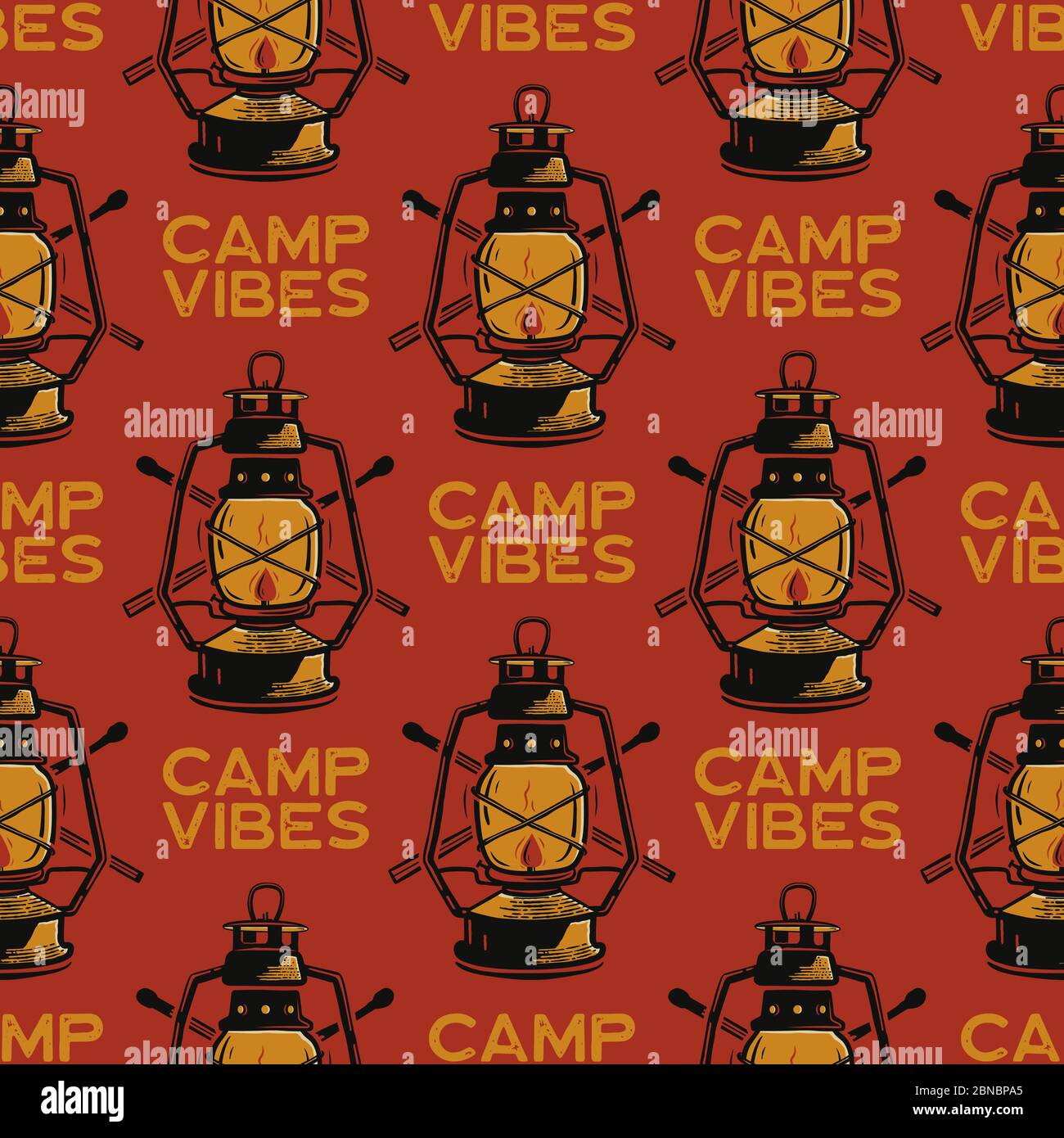 Adventure seamless pattern with camping lantern labels badges. Camp