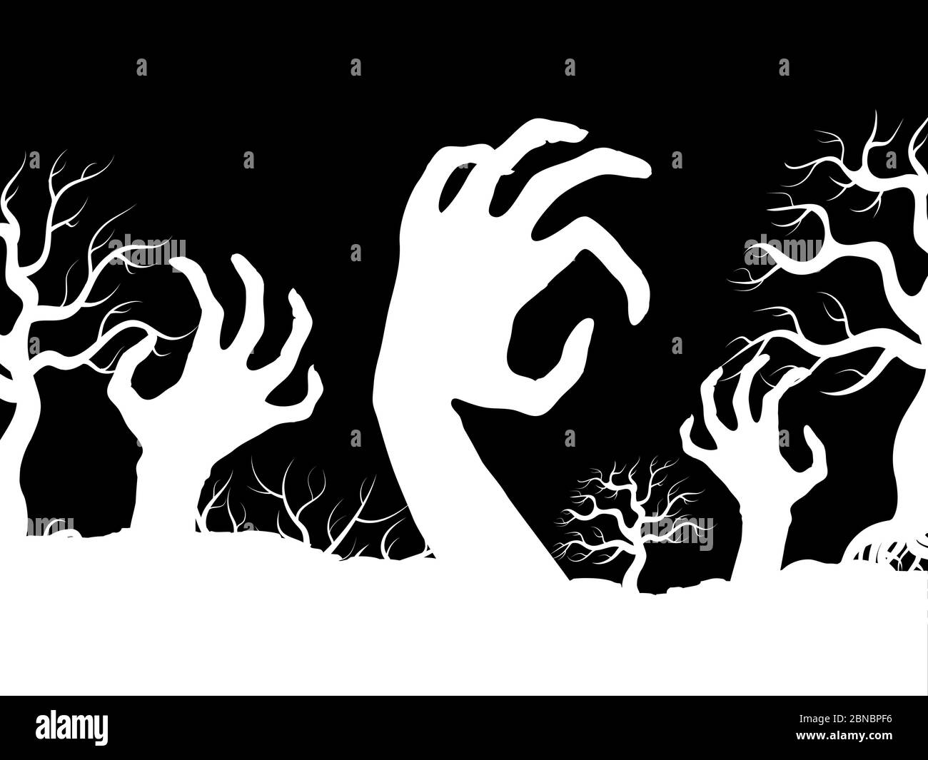 White horror zombi hands and tree silhouettes vector banner design illustration Stock Vector