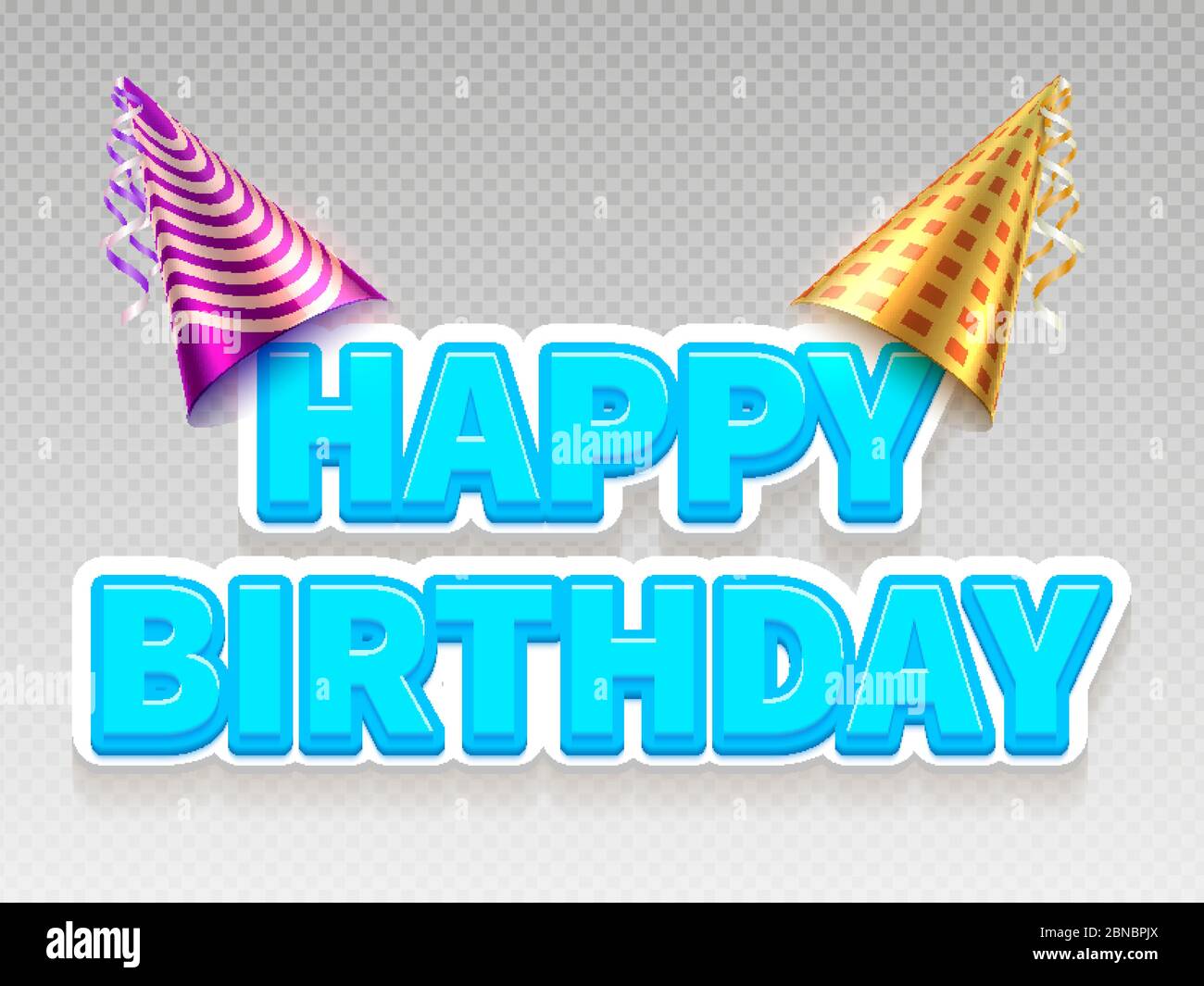 Realistic birthday party text banner. Happy Birthday and party hats isolated on transparent background. Vector illustration Stock Vector