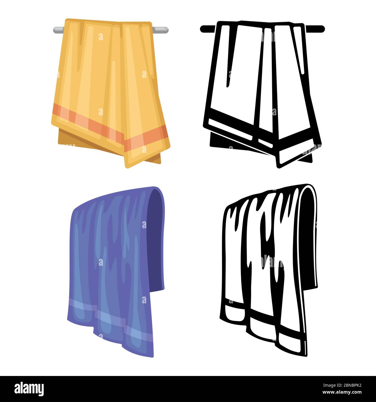 Set of towels cartoon style and outline towels isolated on white