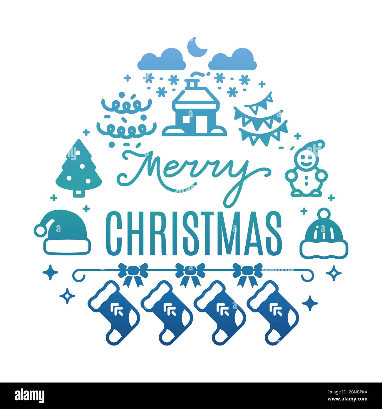 Merry Christmas colorful banner with festive icons silhouette isolated on white background illustration Stock Vector