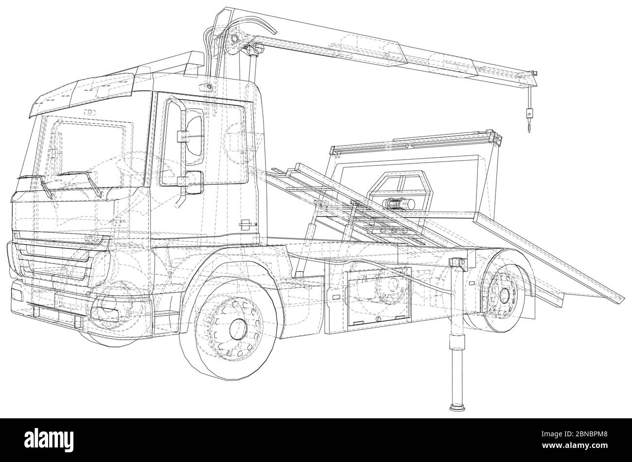 Tow truck vector. Towing car trucking vehicle transportation towage. Help on road. Wire-frame. The layers of visible and invisible lines are separated Stock Vector