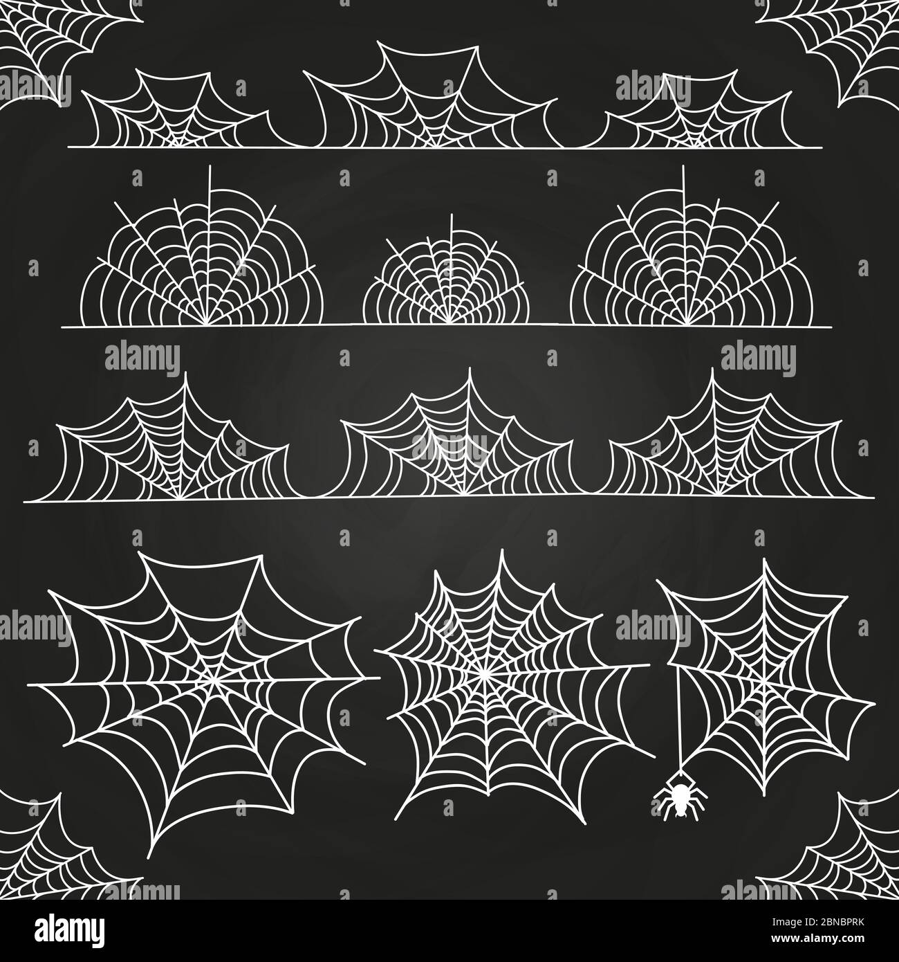 White spider web on chalkboard backdrop. Halloween borders and decor. Spiderweb black, halloween spider danger. Vector illustration Stock Vector