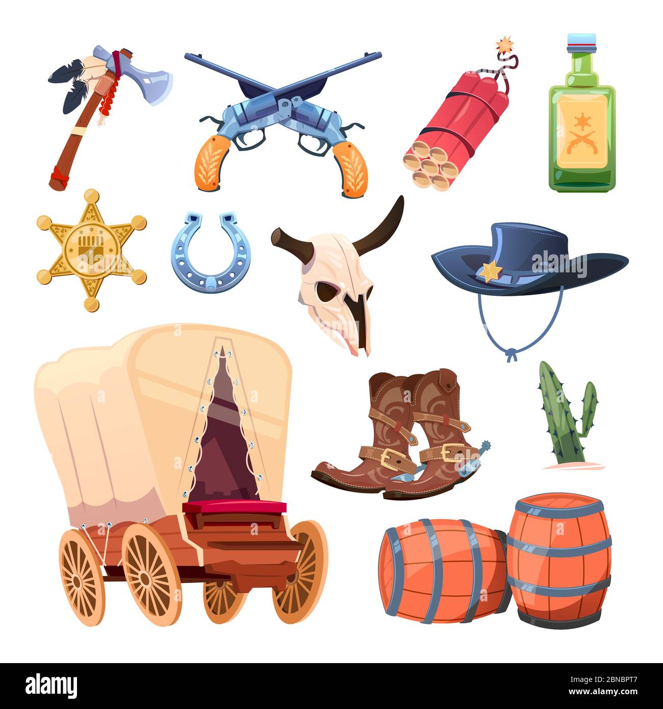Wild west cartoon set. Cowboy boots, hat and gun. Bull skull, tomahawk, drink, dessert flower isolated on white background. Illustration of cactus and sheriff star, gun and horseshoe Stock Vector