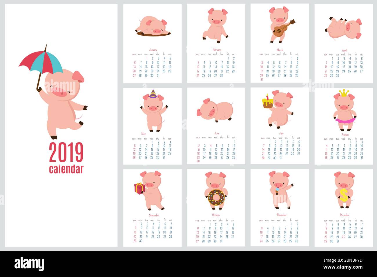 Calendar 2019 with cute pig. Funny cartoon pigs diary. Vector calendar template. Pig year ...