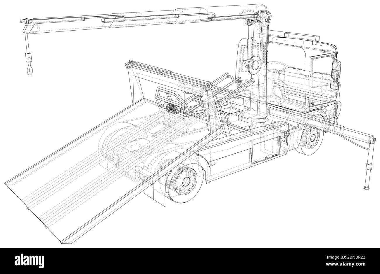 Tow truck vector. Towing car trucking vehicle transportation towage. Help on road. Wire-frame. The layers of visible and invisible lines are separated Stock Vector