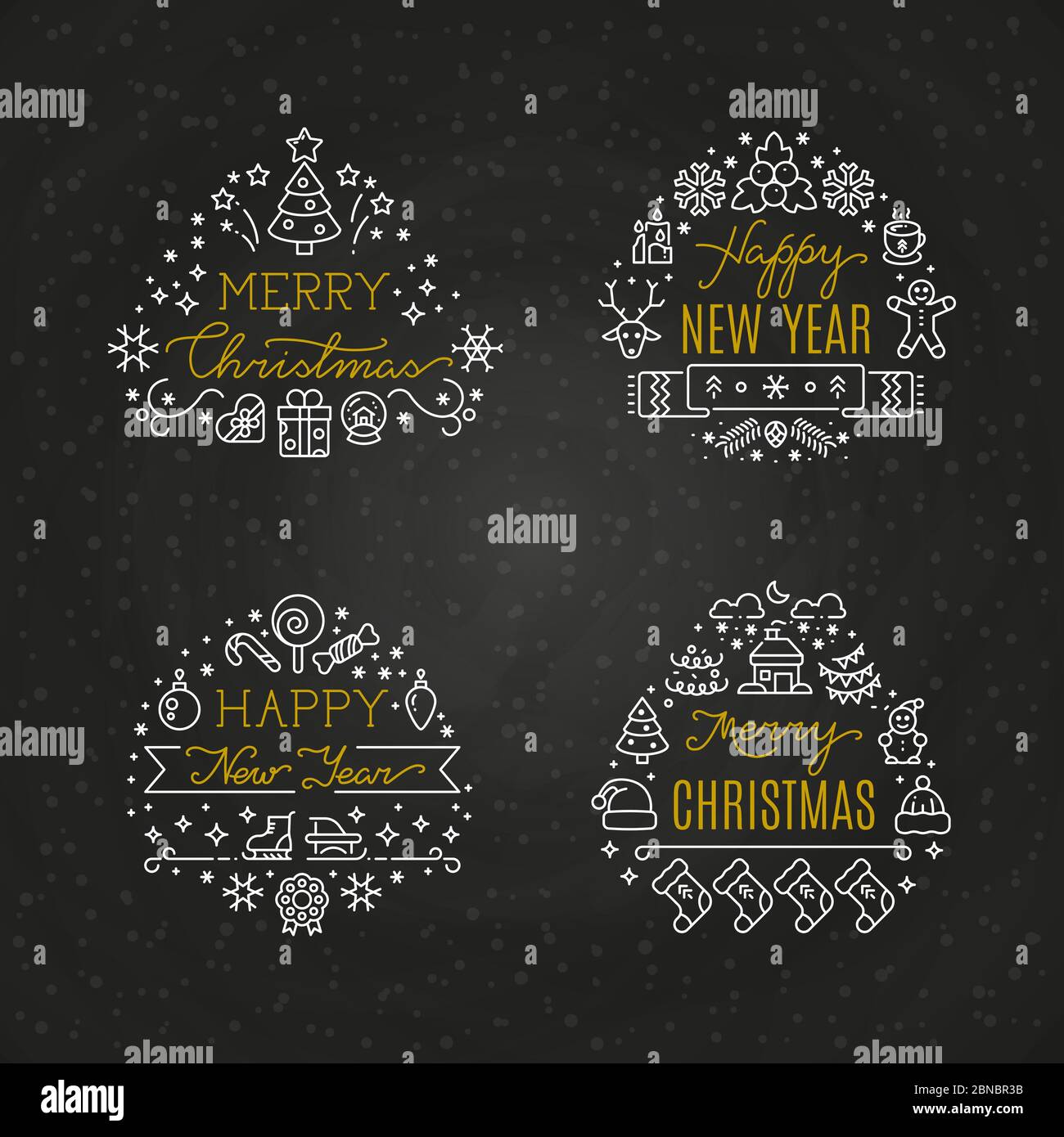 Christmas Holiday Decorative Vector Emblems With Winter Festive Xmas Line Icons And Greeting Text On Chalkboard Illustration Of New Year Emblem Holiday Line Xmas Stock Vector Image Art Alamy