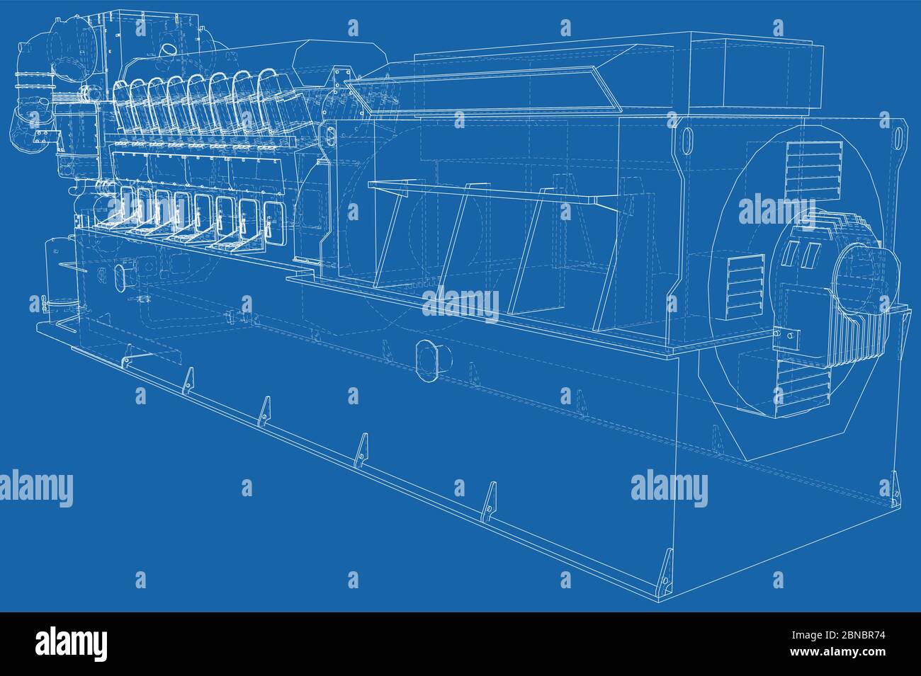 High voltage industrial standby dieasel generator at a power generation. The layers of visible and invisible lines are separated. EPS10 format. Wire-f Stock Vector
