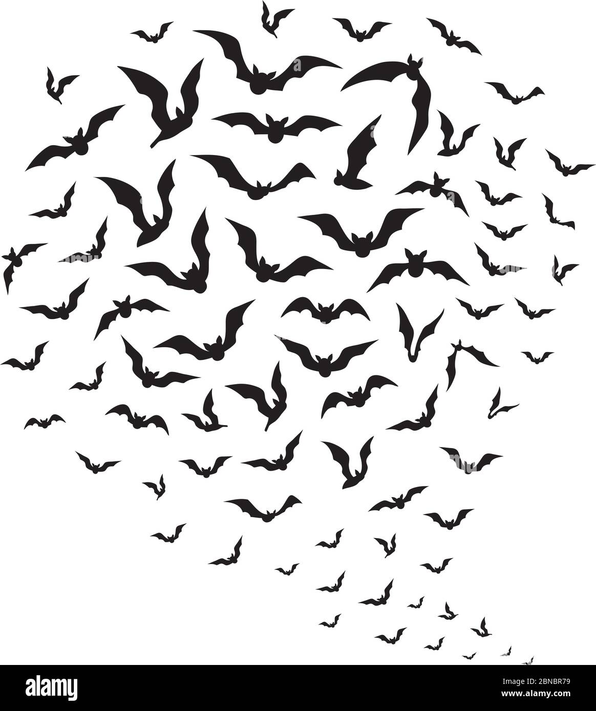 Halloween flying bats. Swarm of bat silhouettes in sky. Creepy batman halloween vector decoration. Illustration of black silhouette bat, vampire halloween Stock Vector