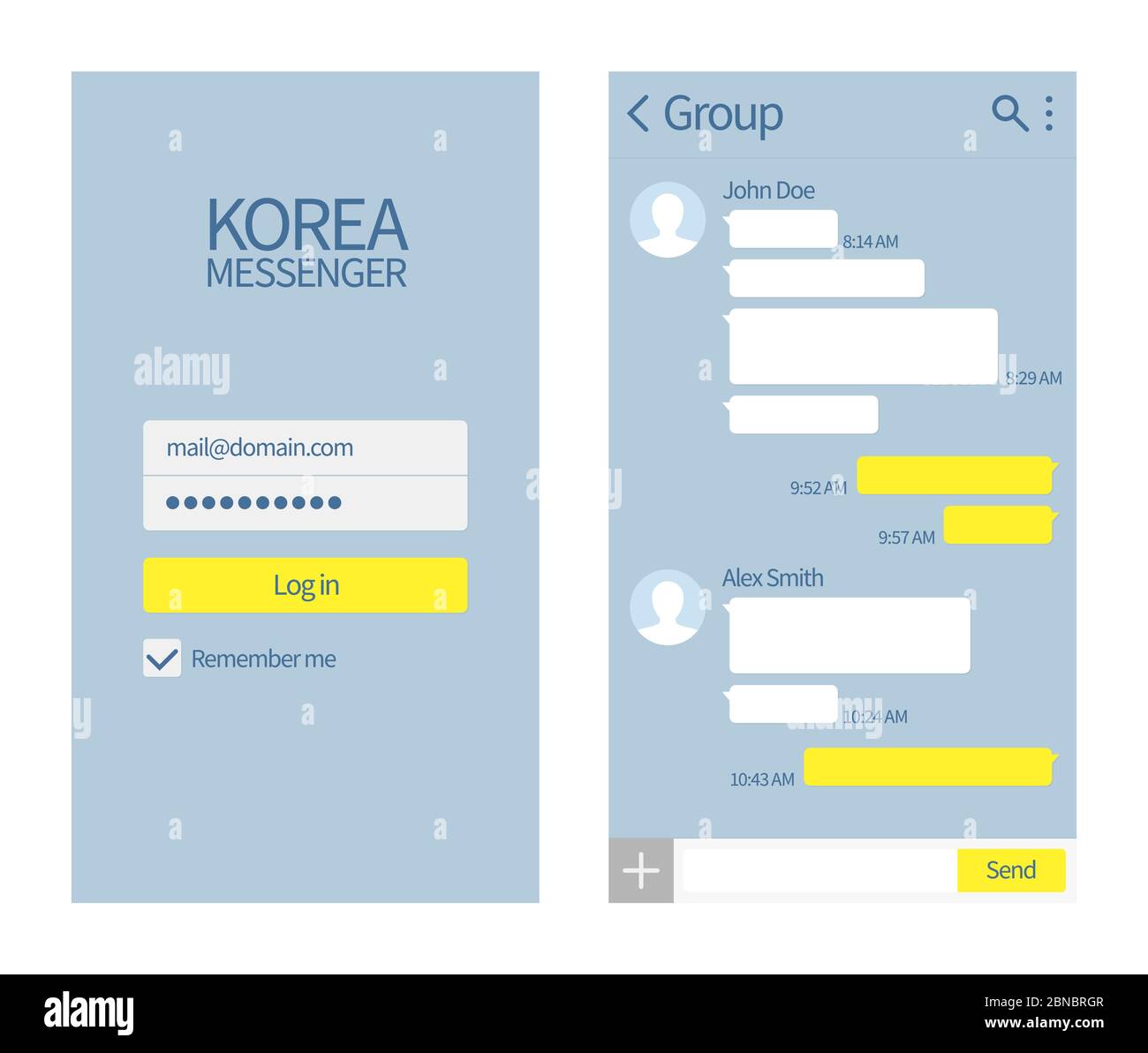 Korean messenger. Kakao talk interface with chat boxes and icons vector message template. Illustration of message phone, application kakaotalk Stock Vector