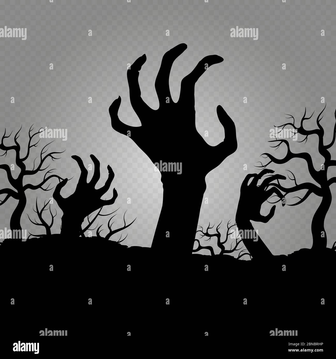 Zombi hands isolated on transparent background. Horror element for halloween party banners, posters, flyers illustration vector Stock Vector