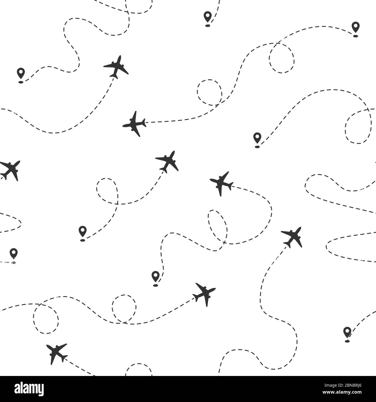 Airplane dotted flight line seamless pattern. Plane flying path. Travel concept vector wallpaper. Air plane, airplane pattern, seamless travel aircraft Stock Vector
