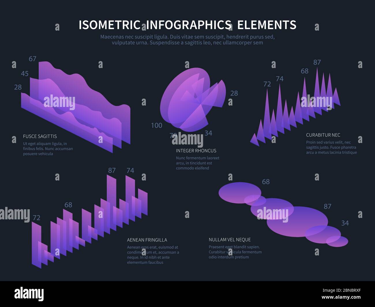 Isometric infographics elemnts. Business graphics, statistics data charts and financial bar diagrams. 3d infographic vector set. Illustration of purple 3d visualization, statistic business Stock Vector