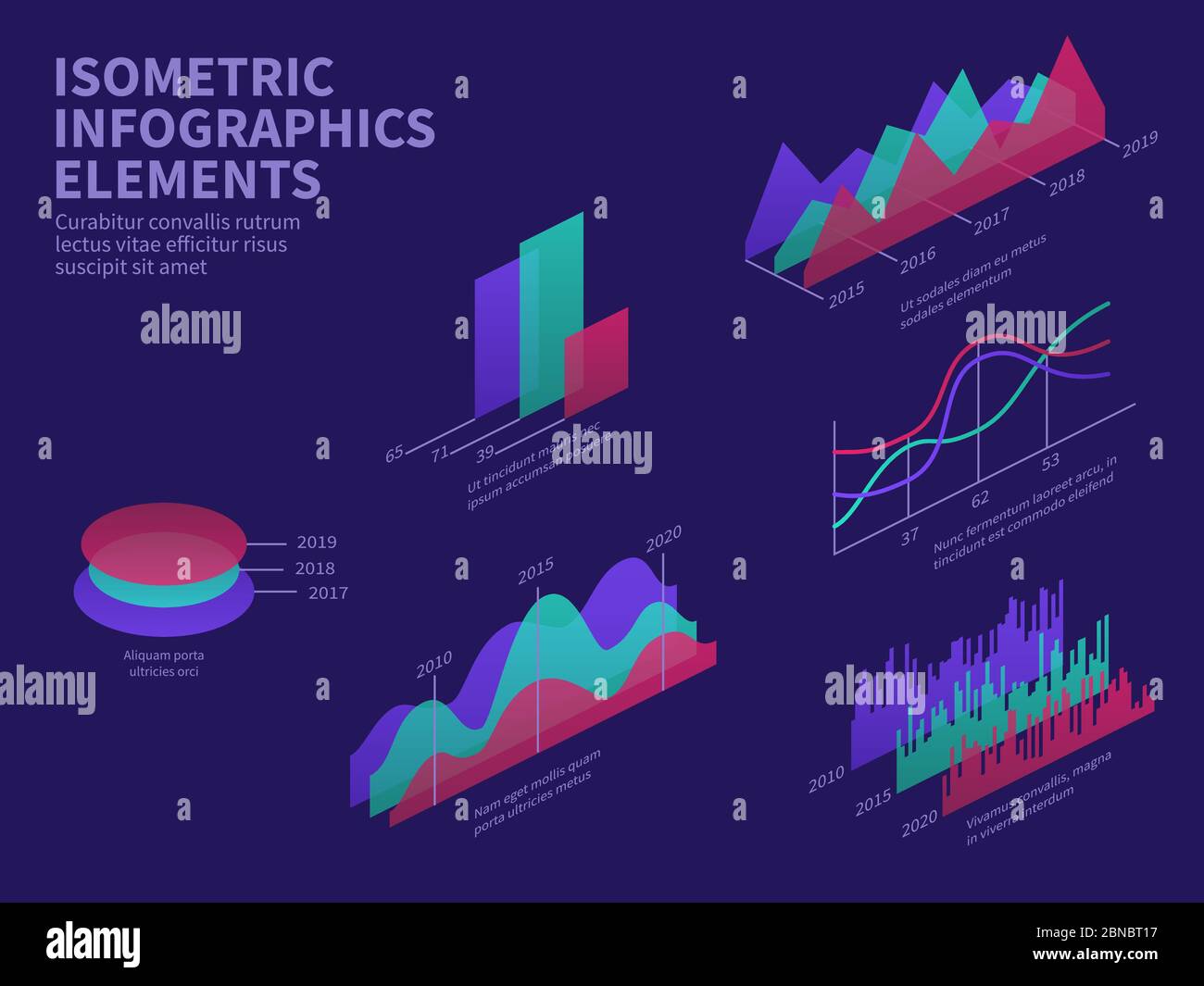 Isometric infographic elements. 3d graphs, bar chart, market histogram and layer diagram. Business presentation vector infographics. Illustration of chart 3d flat, graph design information Stock Vector