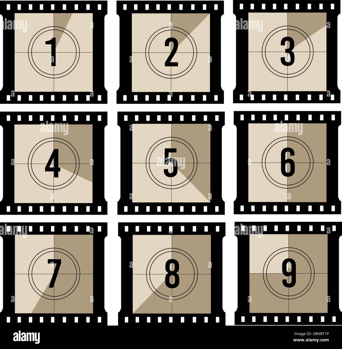 Movie countdown. Old projector film timer counter. Vector vintage filmstrip frames. Illustration of film negative video count time Stock Vector