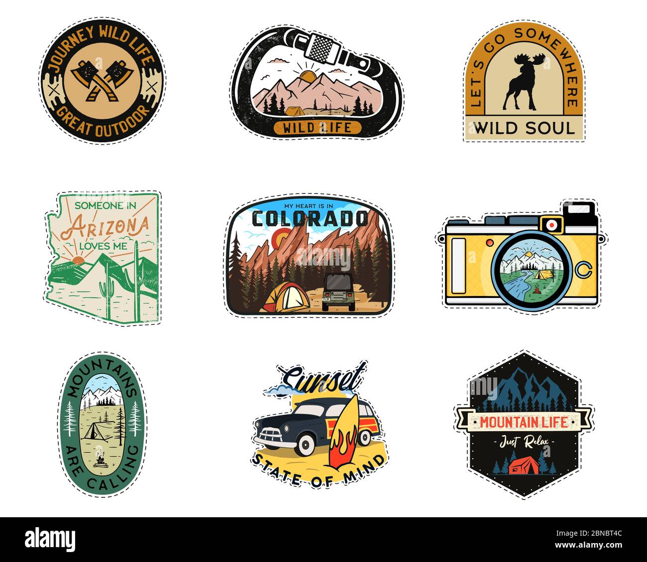Vintage camp patches logos, mountain badges set. Hand drawn stickers