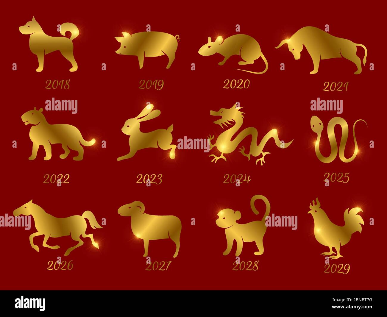 Gold chinese horoscope zodiac animals. Vector symbols of year isolated on  red backdrop. Illustration of calendar astrological monkey and rooster  Stock Vector Image & Art - Alamy
