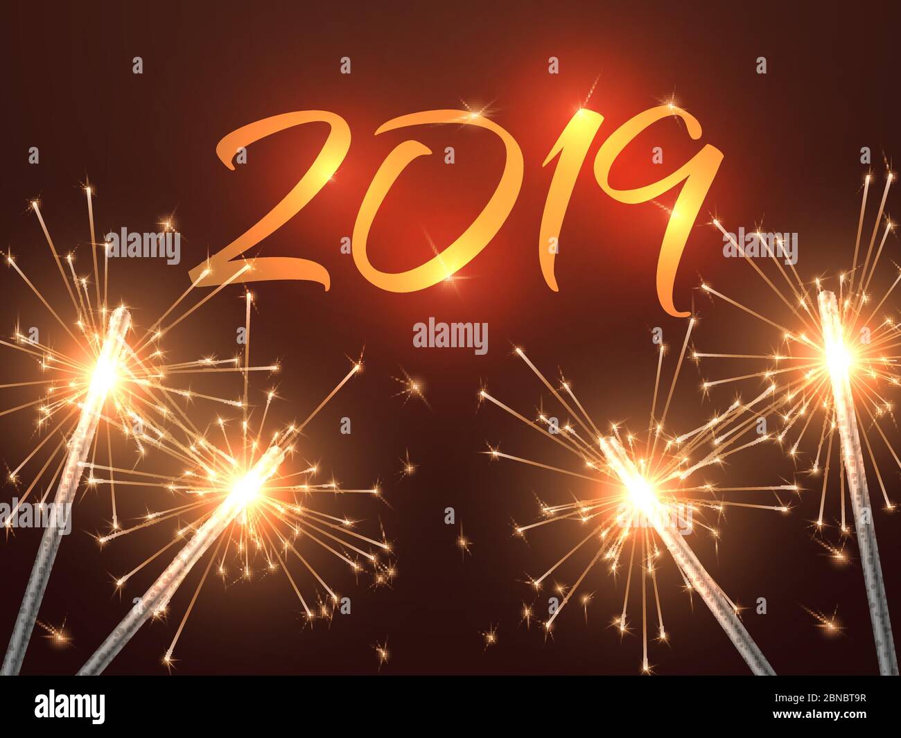 New year eve 2019 background. Merry christmas party invitation vector card with sparklers. Illustration of party and greeting card event Stock Vector